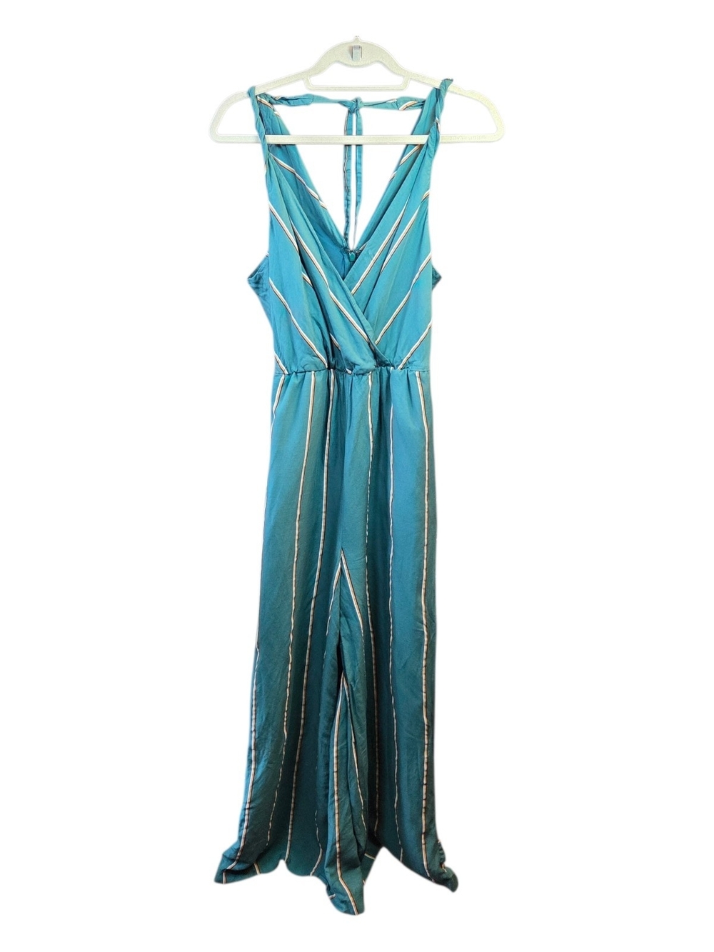 Ett Twa By Anthropologie Teal Striped Wide Leg Jumpsuit Size Large - Picture 2 of 6